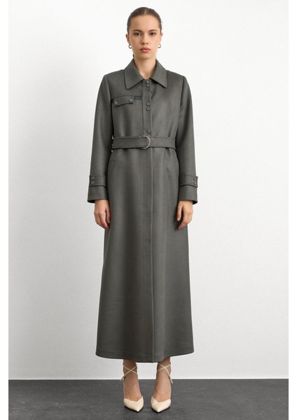 Gömlek Yaka Çıt Çıt ve Deri Detaylı Gabardin Süet Pardesü Yeşil 6799 fırsatları