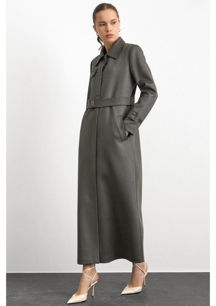 Gömlek Yaka Çıt Çıt ve Deri Detaylı Gabardin Süet Pardesü Yeşil 6799 indirimleri