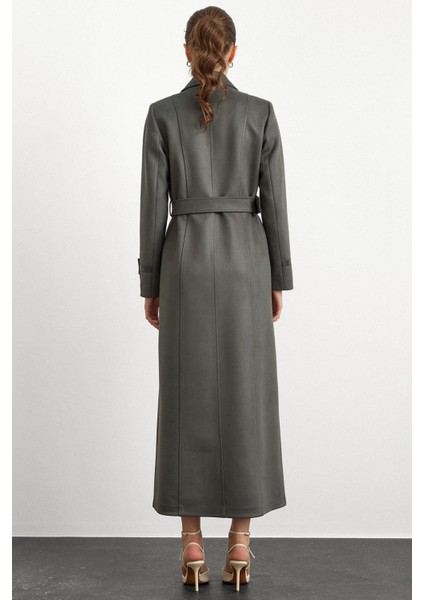 Gömlek Yaka Çıt Çıt ve Deri Detaylı Gabardin Süet Pardesü Yeşil 6799