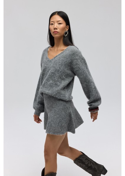 Nordis Volanlı Gri Triko Mini Etek