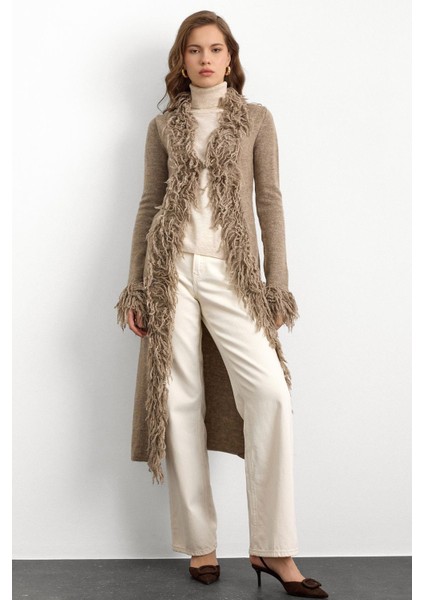 Püskül Detaylı Uzun Triko Hırka Vizon 8281