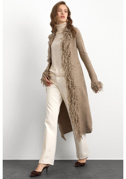 Püskül Detaylı Uzun Triko Hırka Vizon 8281 fiyatları