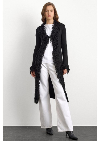 Püskül Detaylı Uzun Triko Hırka Siyah 8281