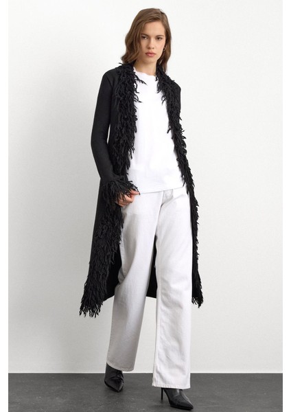 Püskül Detaylı Uzun Triko Hırka Siyah 8281 fiyatları