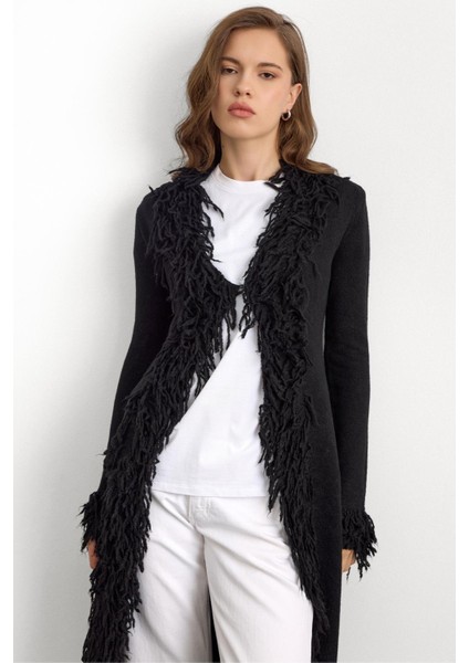 Püskül Detaylı Uzun Triko Hırka Siyah 8281 modelleri