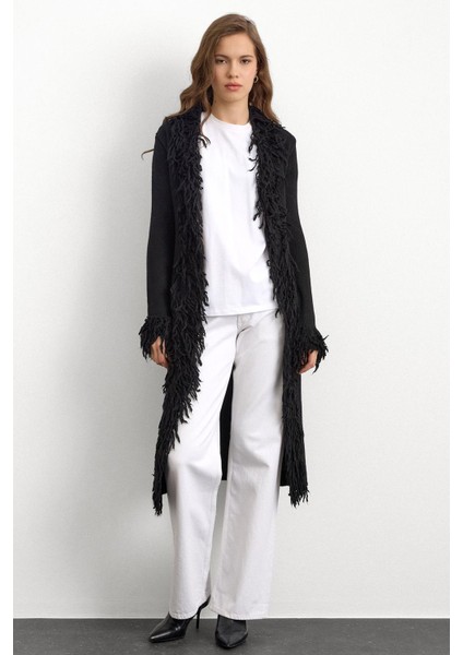 Püskül Detaylı Uzun Triko Hırka Siyah 8281 fırsatları