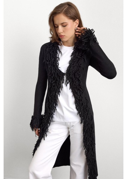 Püskül Detaylı Uzun Triko Hırka Siyah 8281