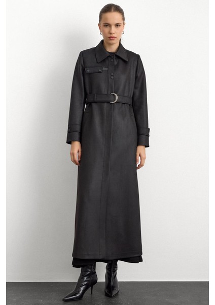 Gömlek Yaka Çıt Çıt ve Deri Detaylı Gabardin Süet Pardesü Siyah 6799