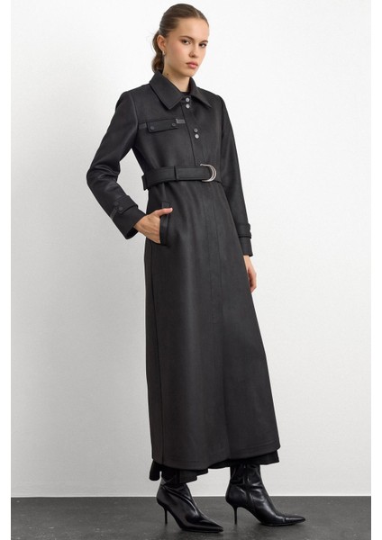 Gömlek Yaka Çıt Çıt ve Deri Detaylı Gabardin Süet Pardesü Siyah 6799 fiyatları