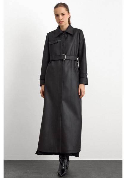 Gömlek Yaka Çıt Çıt ve Deri Detaylı Gabardin Süet Pardesü Siyah 6799 fırsatları