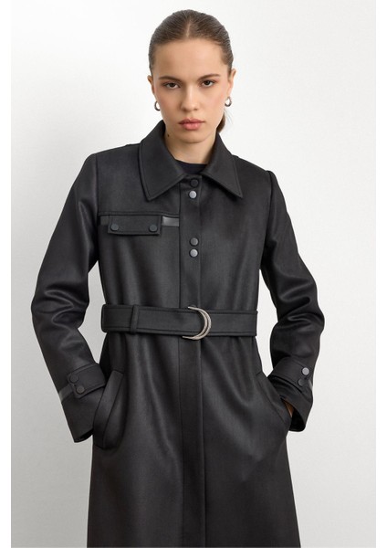 Gömlek Yaka Çıt Çıt ve Deri Detaylı Gabardin Süet Pardesü Siyah 6799 indirimleri