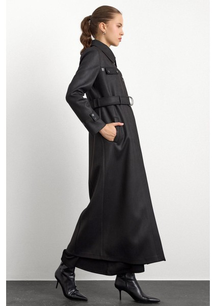 Gömlek Yaka Çıt Çıt ve Deri Detaylı Gabardin Süet Pardesü Siyah 6799