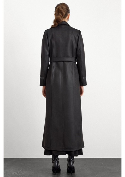 Gömlek Yaka Çıt Çıt ve Deri Detaylı Gabardin Süet Pardesü Siyah 6799