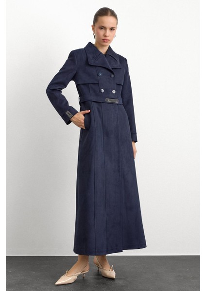 Mendil Yaka Taş Detaylı Süet Görünümlü Pardesü Lacivert 6794