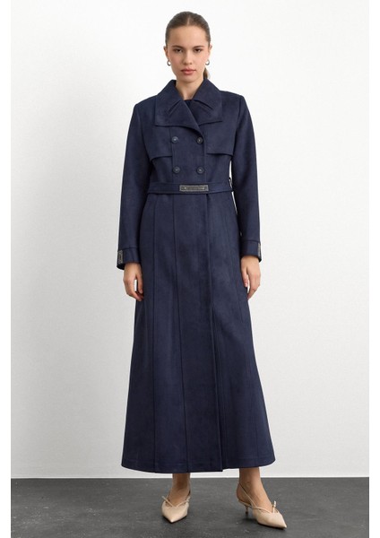 Mendil Yaka Taş Detaylı Süet Görünümlü Pardesü Lacivert 6794 fiyatları