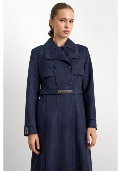 Mendil Yaka Taş Detaylı Süet Görünümlü Pardesü Lacivert 6794 modelleri