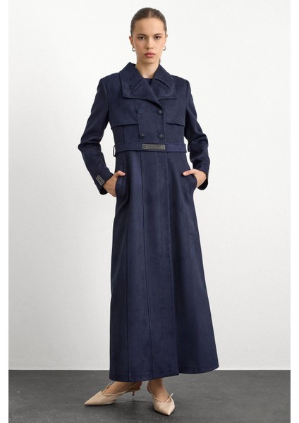 Mendil Yaka Taş Detaylı Süet Görünümlü Pardesü Lacivert 6794 fırsatları