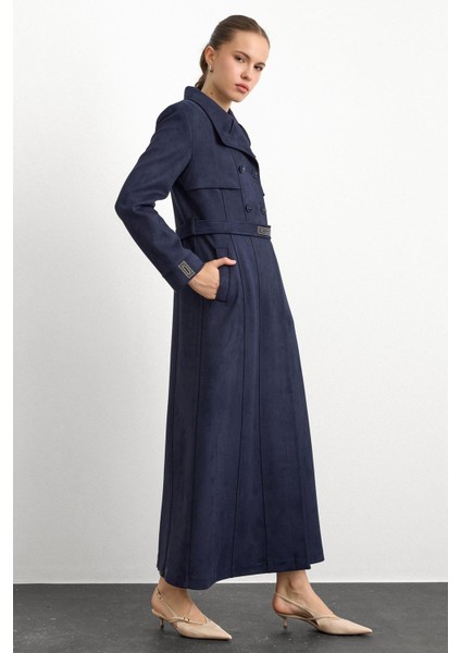 Mendil Yaka Taş Detaylı Süet Görünümlü Pardesü Lacivert 6794 indirimleri