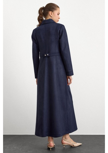 Mendil Yaka Taş Detaylı Süet Görünümlü Pardesü Lacivert 6794