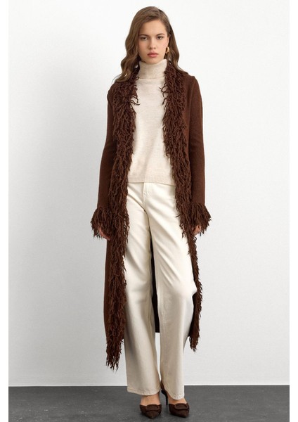 Püskül Detaylı Uzun Triko Hırka Kahve 8281