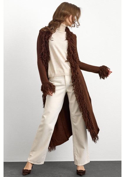 Püskül Detaylı Uzun Triko Hırka Kahve 8281 fiyatları