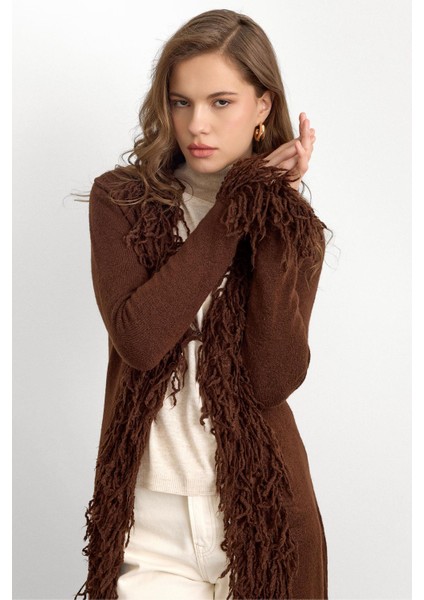 Püskül Detaylı Uzun Triko Hırka Kahve 8281 fırsatları