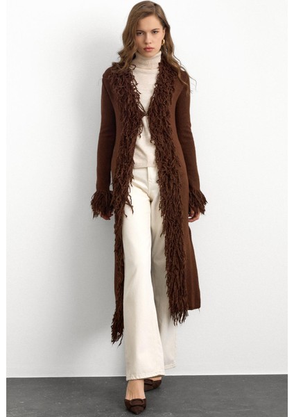 Püskül Detaylı Uzun Triko Hırka Kahve 8281 indirimleri