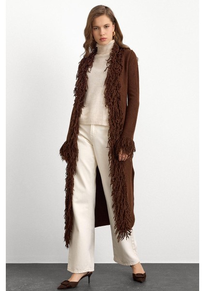 Püskül Detaylı Uzun Triko Hırka Kahve 8281