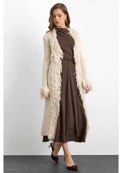 Püskül Detaylı Uzun Triko Hırka Taş 8281 fırsatları