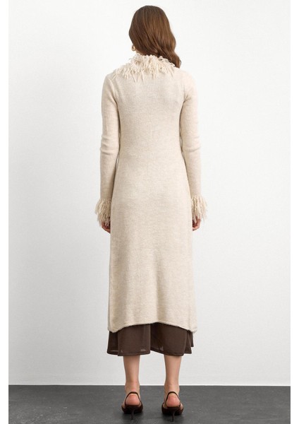 Püskül Detaylı Uzun Triko Hırka Taş 8281