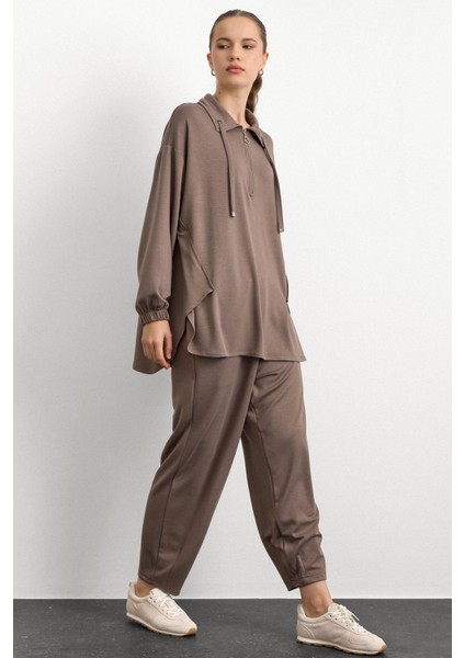 Fermuar ve Kup Detaylı Örme Sweat Takım Vizon 9385-TK