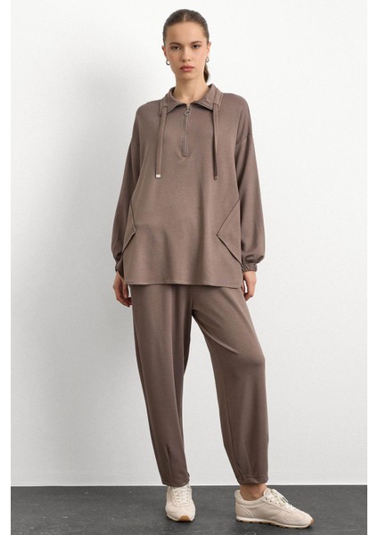 Fermuar ve Kup Detaylı Örme Sweat Takım Vizon 9385-TK fiyatları