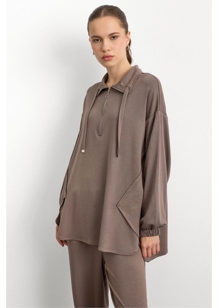 Fermuar ve Kup Detaylı Örme Sweat Takım Vizon 9385-TK modelleri