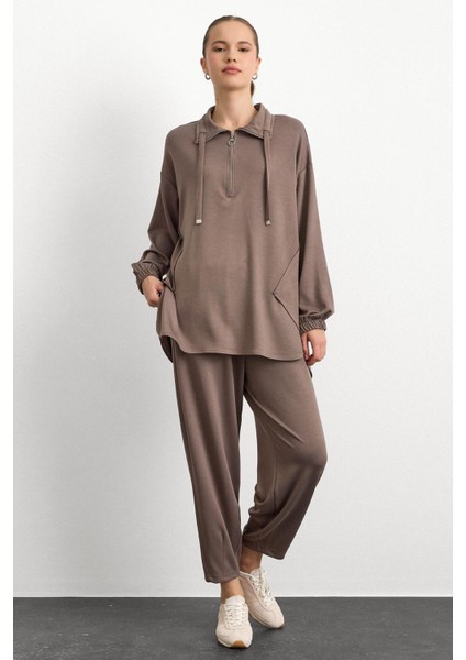 Fermuar ve Kup Detaylı Örme Sweat Takım Vizon 9385-TK fırsatları