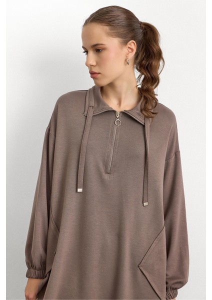 Fermuar ve Kup Detaylı Örme Sweat Takım Vizon 9385-TK indirimleri