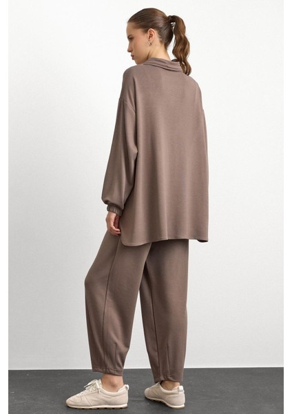 Fermuar ve Kup Detaylı Örme Sweat Takım Vizon 9385-TK