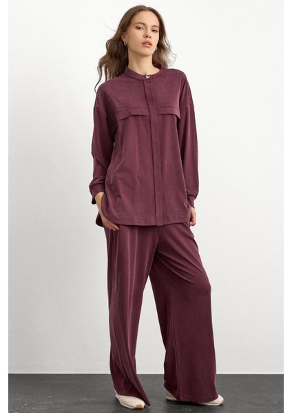 Bisiklet Yaka Önü Patlı Premium Sweat Ikili Takım Bordo 9384-TK