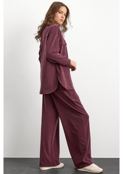 Bisiklet Yaka Önü Patlı Premium Sweat Ikili Takım Bordo 9384-TK
