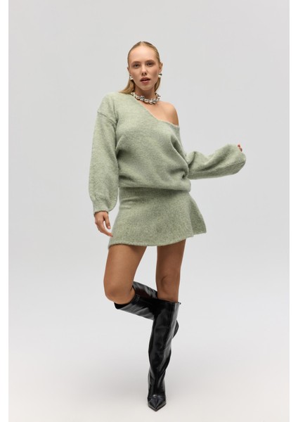 Nordis Volanlı Yeşil Triko Mini Etek