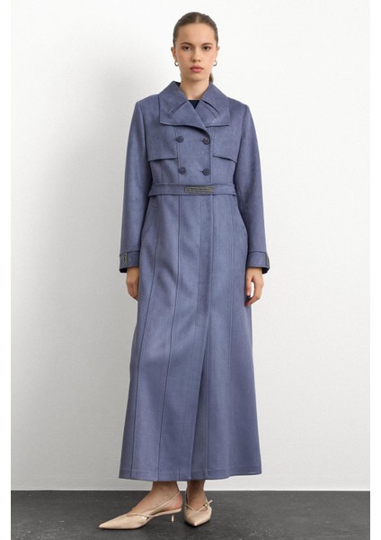 Mendil Yaka Taş Detaylı Süet Görünümlü Pardesü Mavi 6794