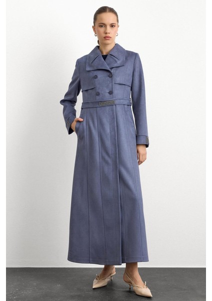 Mendil Yaka Taş Detaylı Süet Görünümlü Pardesü Mavi 6794 fiyatları