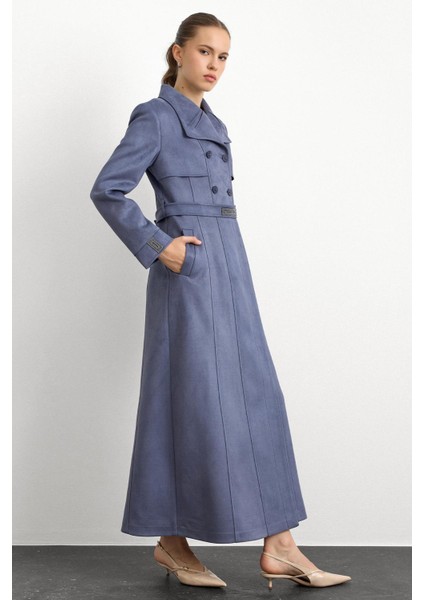 Mendil Yaka Taş Detaylı Süet Görünümlü Pardesü Mavi 6794 modelleri