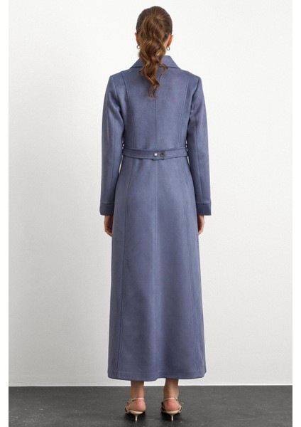 Mendil Yaka Taş Detaylı Süet Görünümlü Pardesü Mavi 6794 indirimleri