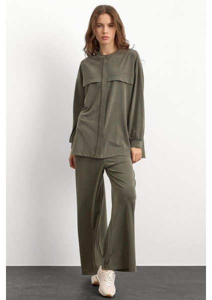 Bisiklet Yaka Önü Patlı Premium Sweat Ikili Takım Haki 9384-TK