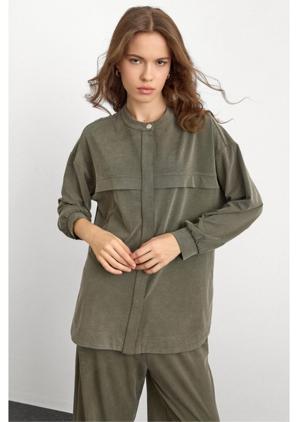 Bisiklet Yaka Önü Patlı Premium Sweat Ikili Takım Haki 9384-TK fiyatları