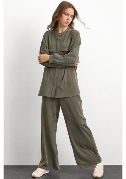 Bisiklet Yaka Önü Patlı Premium Sweat Ikili Takım Haki 9384-TK modelleri