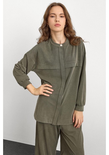 Bisiklet Yaka Önü Patlı Premium Sweat Ikili Takım Haki 9384-TK indirimleri