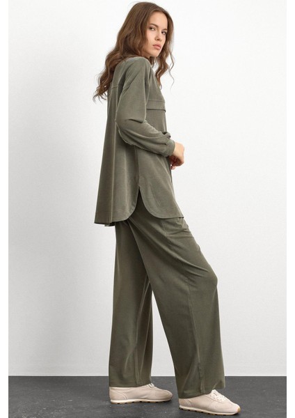 Bisiklet Yaka Önü Patlı Premium Sweat Ikili Takım Haki 9384-TK