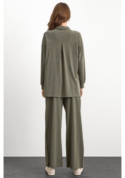 Bisiklet Yaka Önü Patlı Premium Sweat Ikili Takım Haki 9384-TK