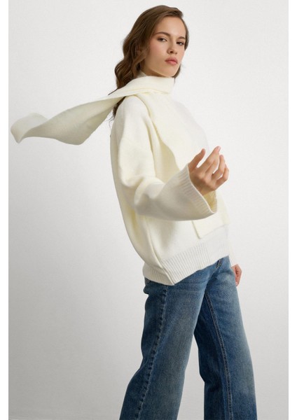 Bisiklet Yaka Atkı Salaş Kalın Kazak Ekru 8280